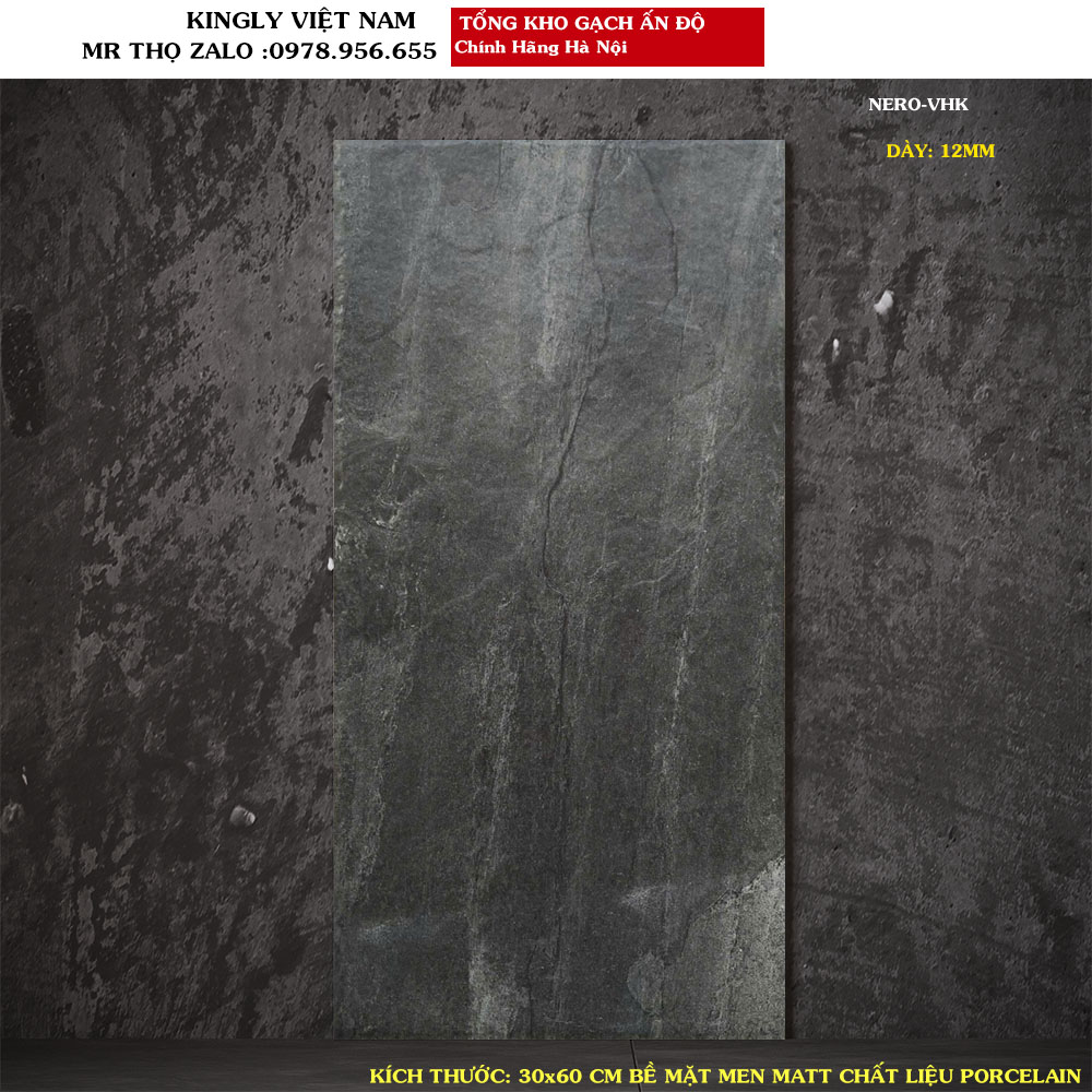 Gạch lát sân vân xi măng giả đá 30x60 vân xi măng ấn độ NERO